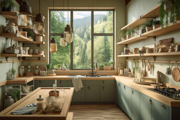 A kitchen filled with lots of wooden shelves. AI generative. Rustic kitchen in Norwegian house Rustic kitchen in Norwegian house