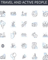 Travel and active people line icons collection. Adventure seekers, Jet-setters, Roaming nomads, Wandering spirits, Globetrotting enthusiasts, Excursion aficionados, Touring adventurers Generative AI