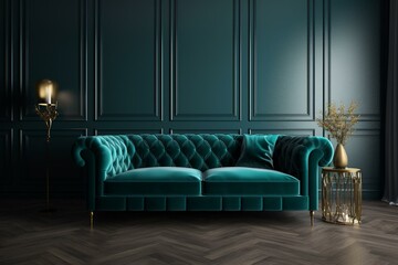 Turquoise velvet sofa in dark grey living room with empty wall on right for mock up purposes. 3D illustration. Generative AI