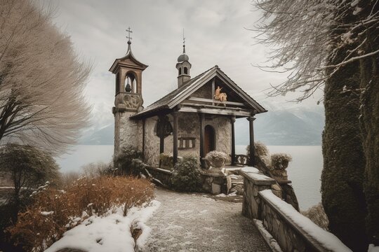 A chapel on Lake Maggiore shore in the Alps at Ronco sopra Ascona with snow capped peaks around it. Generative AI