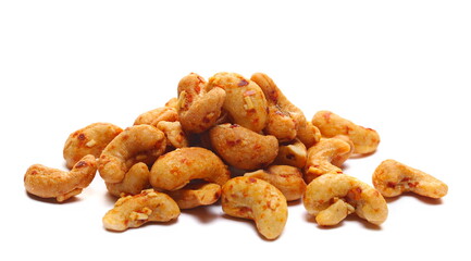 Cashews nuts with cheese and chilli isolated on white, side view