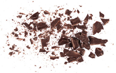 Pile chopped, milled dark chocolate isolated on white, top view