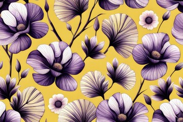 Seamless pattern with purple flowers on yellow background. Watercolor illustration. Generative AI.