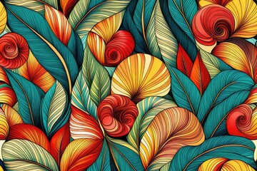 Obraz na płótnie Canvas Seamless abstract pattern with colorful leaves and waves. Illustration in vintage style. Generative AI.