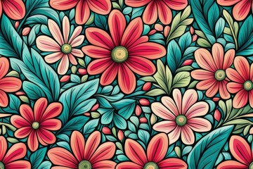 Seamless pattern with flowers daisies and leaves. Vintage colors. Generative AI.