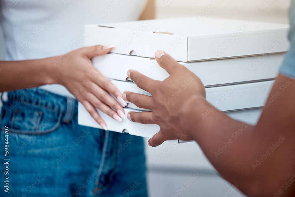 Poster here you go, enjoy. closeup shot of an unrecognisable man delivering pizzas to a customer.