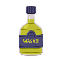 Hot and Spicy Green Wasabi Sauce in Glass Labeled Bottle with Cap Vector Illustration