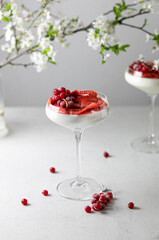 Italian panna cotta dessert with strawberry sirup and fresh strawberries on gray background.