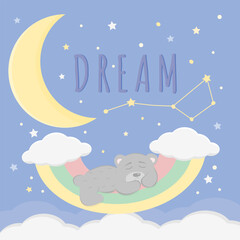 Obraz na płótnie Canvas children 's illustration with the moon , stars and a bear on a rainbow
