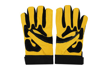 Work gloves made of yellow leather and suede with vibration protection of the hands isolated on white background