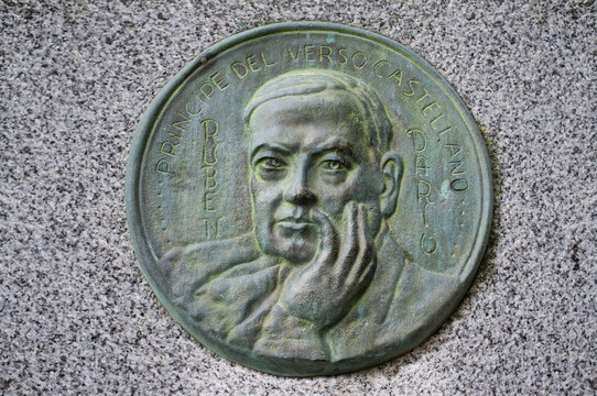 Ruben Dario bronze medallion at San Jorge Square, Caceres, Spain