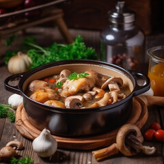 Chicken stewed with mushrooms food steaming on the tab , Generative AI