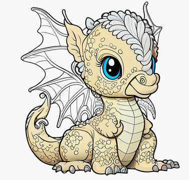 linear coloring cute little dragon. ai generated