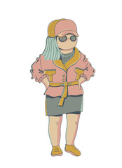 Beautiful modern girl in sunglasses and a cap isolated on white background. Fashionable female image. Suitable for design postcards, banners, labels. Print on clothes. Vector illustration.