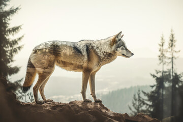 Fototapeta premium Wolf walking on a cliff double exposure style, wood. Symbol of northern wilderness, American wilderness, wild flora and fauna. Generative AI