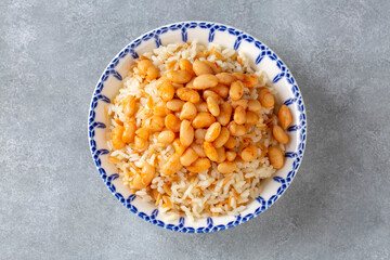 Traditional Turkish cuisine. Kuru Fasulye . Haricot Beans, rice and beans (Turkish name; pilav ustu kuru fasulye)