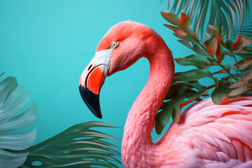 Pink flamingo in tropical leaves on a blue background AI generative