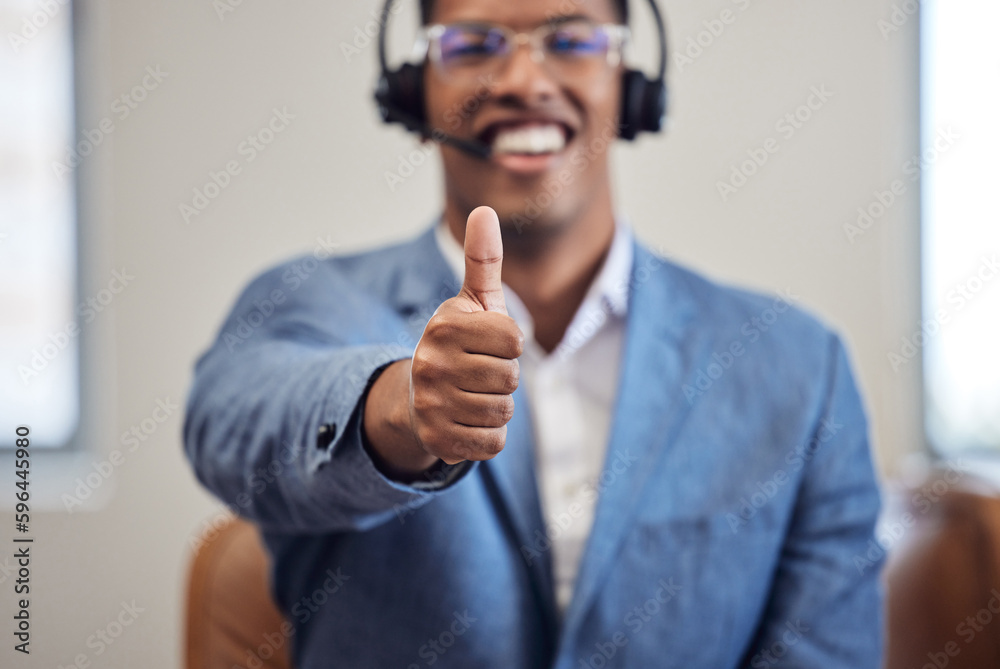 Poster making sure profits stay on the rise. closeup shot of a call centre agent showing thumbs up while wo