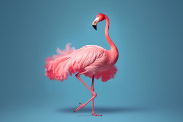 Full length pink flamingo with legs on blue background AI generative