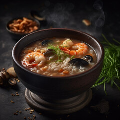 food photography smoky rice and seafood soup ultra high , Generative AI