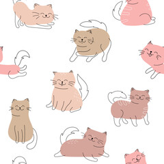 Seamless pattern with cute and funny cats. Cats with color in different poses. Vector illustration of a cat and kittens. Cute vector texture for childish bedding, fabric, wallpaper, wrapping paper