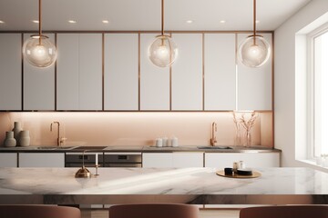 Naklejka na ściany i meble Rose gold kitchen w/ white walls & countertops, close-up view. 3D render. Generative AI