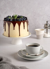 Food photography of cake, chocolate, cream, blueberry, blackberry, drops, birthday, vanilla, decoration, mascarpone, celebration, anniversary, party, coffee, tea