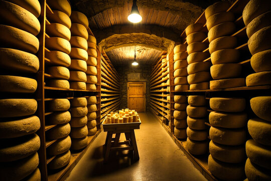 French cellar cheese factory; representation of the terroir and cheese aging. Ideal to witness the flavor and uniqueness of local specialties. Generative AI