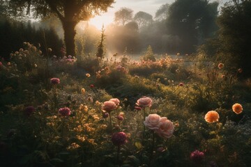 English park art flowers at sunrise. Generative AI