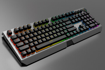 Realistic computer keyboard with metallic chrome texture isolated on black