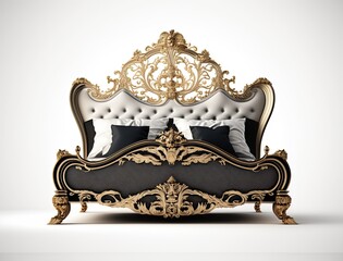 Black, golden and white baroque double bed with pillows isolated on a white background. Luxury generative ai bedroom furniture