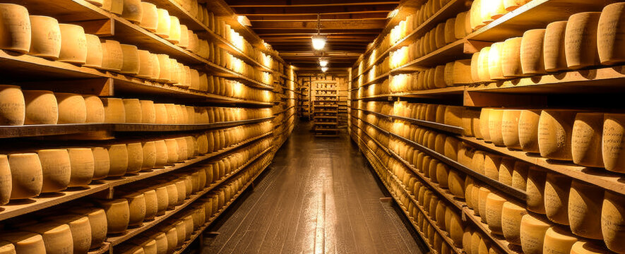 French cheese factory with rooms dedicated to the aging of cheese, for an authentic feel of the land and a rich and immersive image. Generative AI