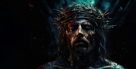 Jesus Christ wearing crown of thorns Passion and Resurection. jesus day holy,Easter card, Good Friday. Generative AI