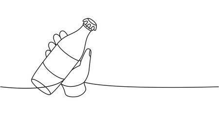 Hand with soda bottle one line continuous drawing. Empty glass or plastic bottle continuous one line illustration. Vector linear illustration.