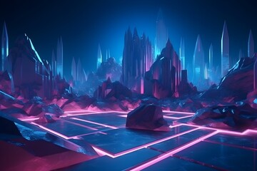 Futuristic neon background with cosmic terrain and crystals