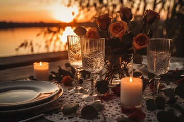 A romantic sunset dinner with roses and glasses. Generative AI