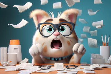 professional cat with open mouth wearing glasses and collar sitting at the office with documents and office supplies, with floating bills in the air , generative AI