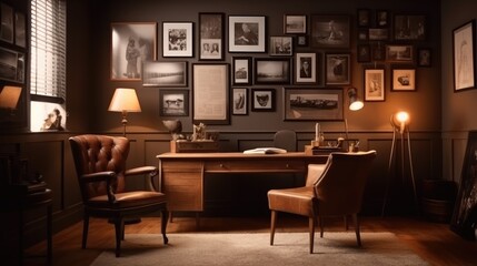 A cozy study room with a vintage desk, a leather armchair, and a gallery wall of photo frames. Generative AI