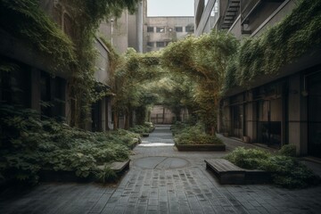 Fototapeta na wymiar Urban foliage and desolate plazas. Generative AI