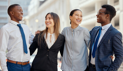 We can work through anything together. Shot of a group of lawyers standing in the city.