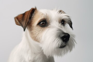 A 8-month-old Parson Russell terrier posing against a plain white background. Generative AI