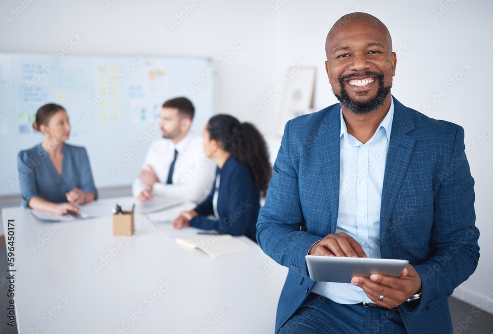 Aufkleber portrait of smiling confident african american businessman in boardroom using digital tablet. divers