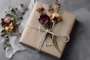 Present wrapped in kraft paper decorated with plants. AI generated image.	