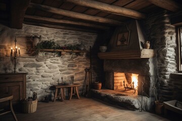 Fototapeta na wymiar Rustic fireplace in old countryside living room with wooden ceiling. Generative AI