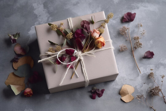 Present wrapped in kraft paper decorated with plants. AI generated image.	