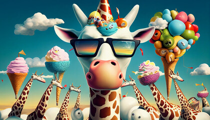 Giraffe mit Brille, bunt Vorlage für Karte, Hintergrund Design lustig, Generative AI  - obrazy, fototapety, plakaty