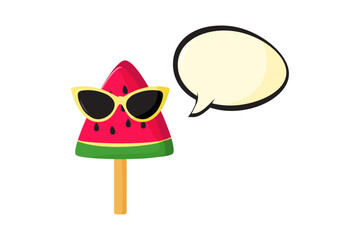 Watermelon ice cream in sunglasses, funny ice cream stick, cute girl character. Cold food, kids dessert vector icon isolated on white background. Summer illustration