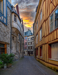 Street with timber framing houses in Rouen, Normandy, France. Architecture and landmarks of Rouen. Cozy cityscape of Rouen
