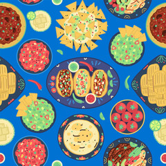 Seamless pattern of traditional mexican food on blue background. Mexican cuisine. Tacos, tortilla, fajitas, nachos, tomales, guacamole, salsa, margarita, chili con carne. Wallpaper, wrapping design