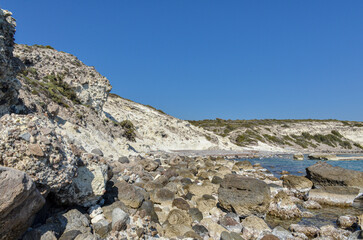rocks at low tide on Alacati coast near Gilikli Beach (Cesme, Izmir province, Turkey) 